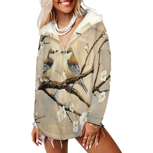 Manteaux à capuche femmes oiseau imprimé veste polaire beige doublée en sherpa pour l'hiver