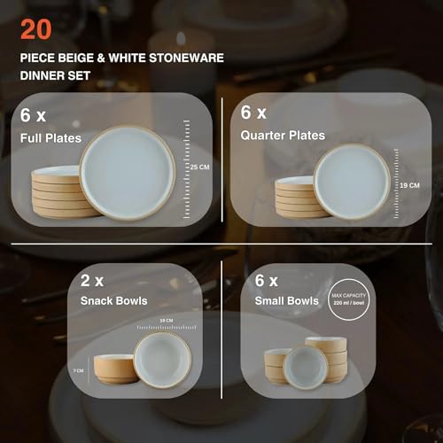 Image of BlackCarrot Handcrafted White Beije Ceramic Dinner Set, 20 Pieces Serving for 6, Microwave and Dishwasher Safe, Bone-Ash Free, Dinner Sets | Crockery Set for Gifting & Dining by Black Carrot