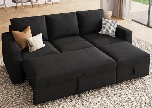 Image of HONBAY Modular Sectional Sleeper Sofa with Pull Out Bed, L Shaped Couch with Storage Seat, Modular Sectional Couches for Living Room - Black