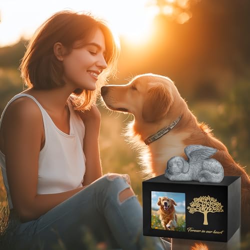 DiDiBirDi Haustierurne für Hundeasche Hundebox Holz Schwarz Hundeurnen für Asche Haustier Asche Box mit Hundeengel und Aschebeutel