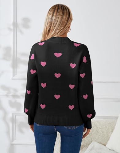 Image of Women's Long Sleeve Mock Neck Sweaters Loose Cute Heart Pullover Sweater