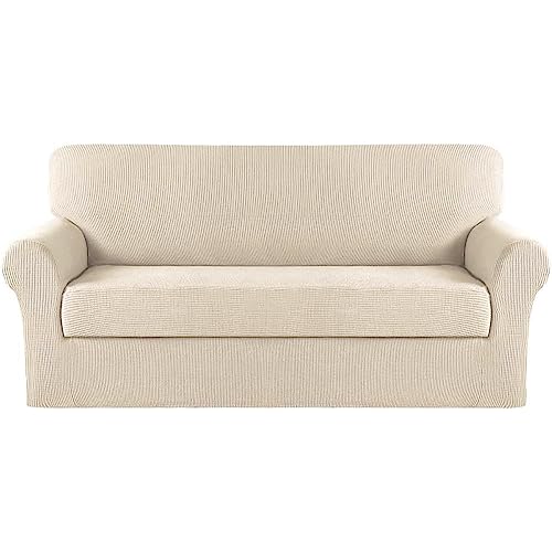 Turquoize Stretch Sofa Slipcover 2 Pieces Sofa Cover Couch Cover for 3 Cushion Couch Washable Furniture Protector Covers with Elastic Bottom Feature Thick Jacquard Fabric (Sofa, Biscotti Beige)