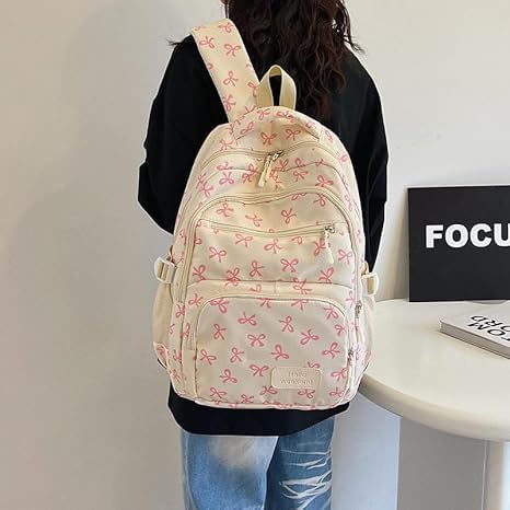 Bow Backpack for Women,Cute Kawaii Backpack Set Aesthetic Daypack Bow Rucksack,3Pcs Set With Bow Pattern (Brown)4
