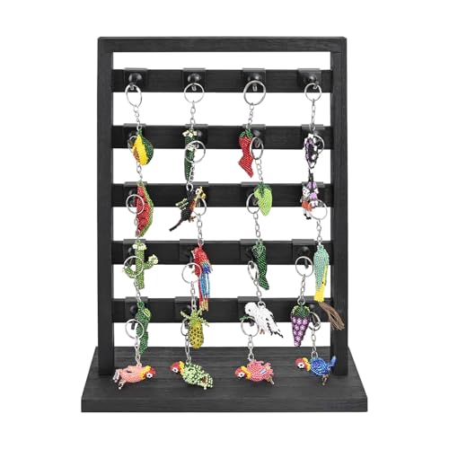 Ikee Design Wooden Jewelry Display Rack with 20 Removable Metal Hooks,Earring Card Display Stand,Jewelry Organizer,Earring Bracelet Organizer, Keychain Stand, Black Color