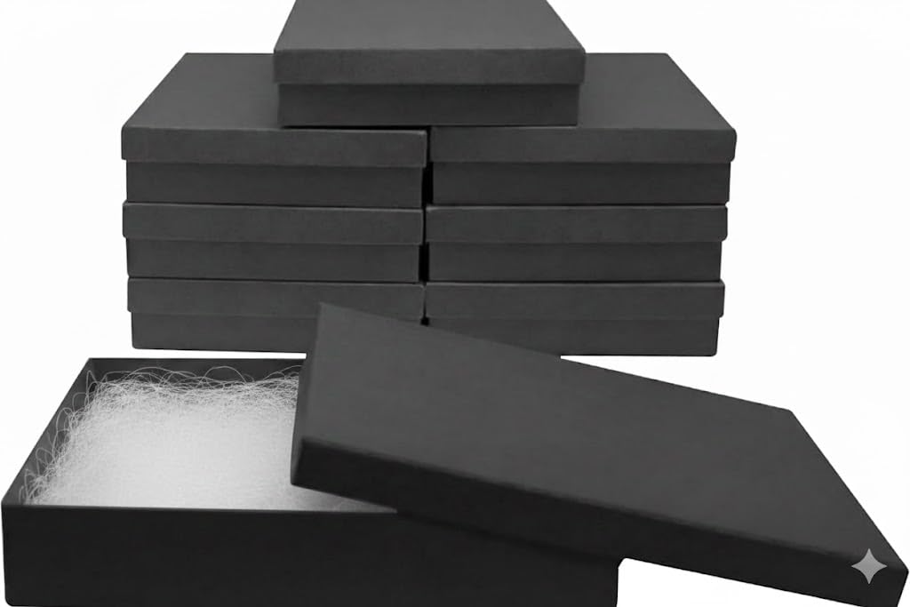 Novel Box Wykonane w USA pudełko prezentowe na biżuterię w kolorze czarnym kraftowym ze zdejmowaną bawełnianą podkładką 7 x 5 x 1,25 (opakowanie 8 szt.) + niestandardowy woreczek NB