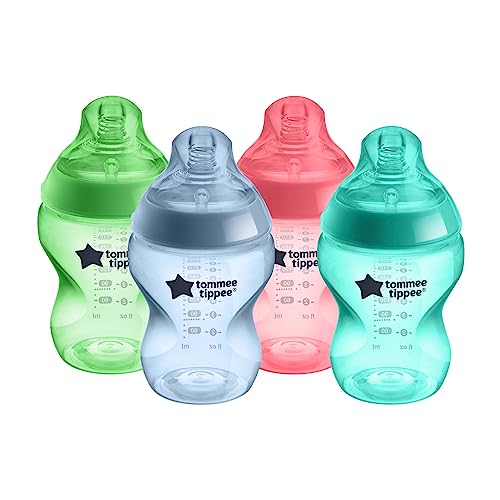 Image of Tommee Tippee Natural Start Anti-Colic BPA Free Baby Bottles, 9oz, Slow-Flow Breast-Like Nipple for a Natural Latch, Designed for Seamless Transitions Between Bottle and Breast, Fiesta, Pack of 4
