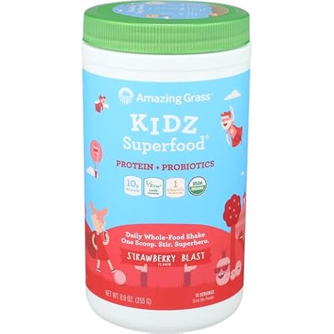 Amazing Grass Kidz Superfood: Vegan Protein & Probiotics for Kids with Beet Root Powder & 1/2 Cup of Leafy Greens, Strawberry Blast, 15 Servings Cover