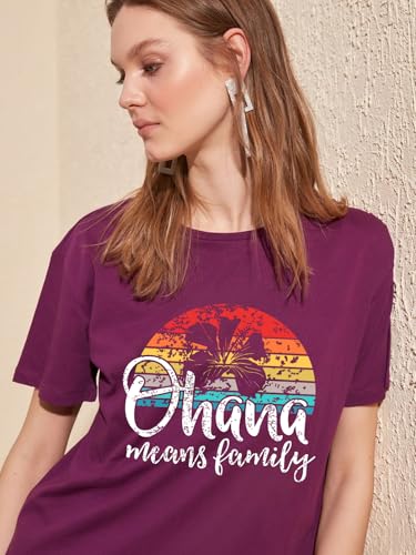 Image of Ohana Means Family Tshirt Women: Hawaii Tropical Graphic T-Shirt Summer Vacation Short Sleeve Tee Top