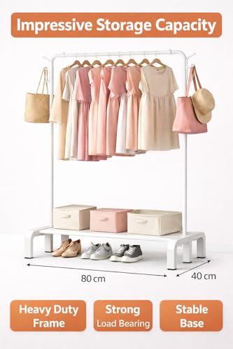 Image of Raawan Heavy Duty Double Rod Clothes Rack with Side Storage Shelves | Metal Garment Stand Organizer | Space Saving Cloth Hanger Stand for Bedroom, Living Room & PG (1 LAYER WHITE)