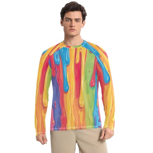 Playful Rainbow Color Sun Shirts UPF 50+ UV Protection Quick Dry Men's Rash Guard Long Sleeve Beach T-Shirts, X-Large