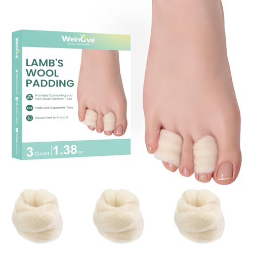 Welnove 3 Pcs Lambs Wool Padding for Toes - Provides Cushioning Comfort and Pain Relief Between Toes - Corn Cushion Blister Pads 7/16 oz