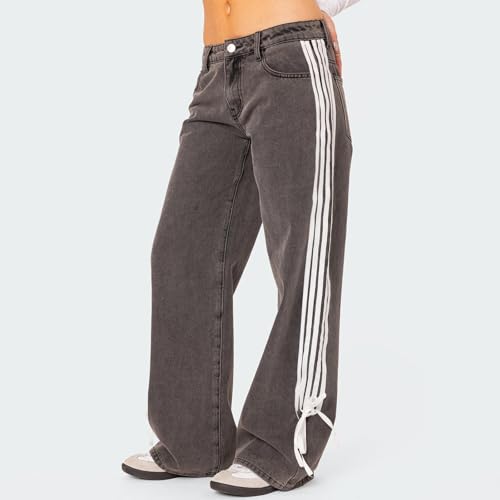 Y2K Low Rise Bow Jeans for Women Side Stripe Tie Straight Leg Denim Pants Baggy Jeans with Pocket Streetwear3