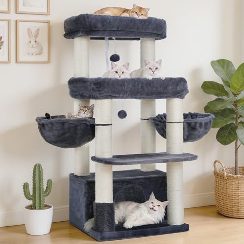 Hey-brother Arbre à Chat, Tour de Jeu pour Chats pour Grands Chats et Maine Coon, avec piliers en sisal 8 cm, 2 Plateformes, 2 paniers, Grande Niche et...