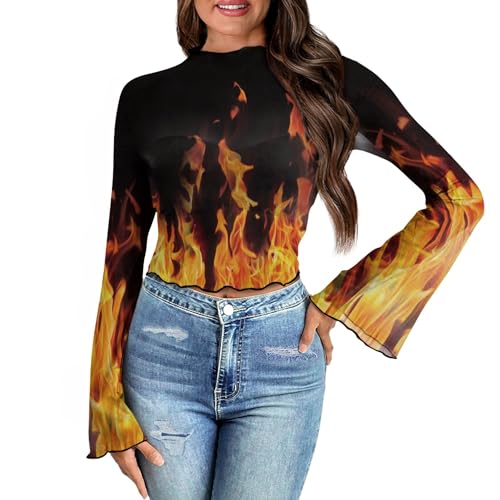 Jndtueit 70s Womens Bell Sleeve Top Floral Tops for Women Mock Neck Flare Tops Sheer Mesh Long Sleeve Top Ruffle Shirts3