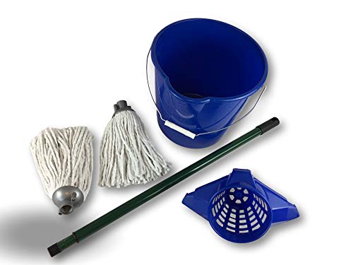 Ensemble Balai à Franges Espagnol Lave Sol | Livré avec 2 serpillières | Seau à récurer 10 litres avec Panier essoreur à Torsion | Manche en Bois Longueur 1,20 avec vis et accroche | Kibros 105715B