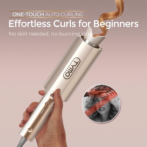 Image of TYMO CurlPro Plus Automatic Rotating Curling Iron - Upgraded Long Barrel Curling Wand for Long Hair, Ceramic Hair Curler for Women, Anti-Scald, Tangle-Free, 600M Ionic, Dual Voltage, Gold, 1 1 /2 Inch