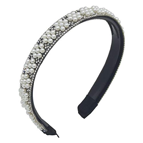 MHDGG Pearl Headband for Women Girls,White Faux Pearl Crystal Rhinestone Hairbands Bridal Hair Hoop Elegant Bling Hairpins Headwear Barrette Styling Tools Accessories,Black