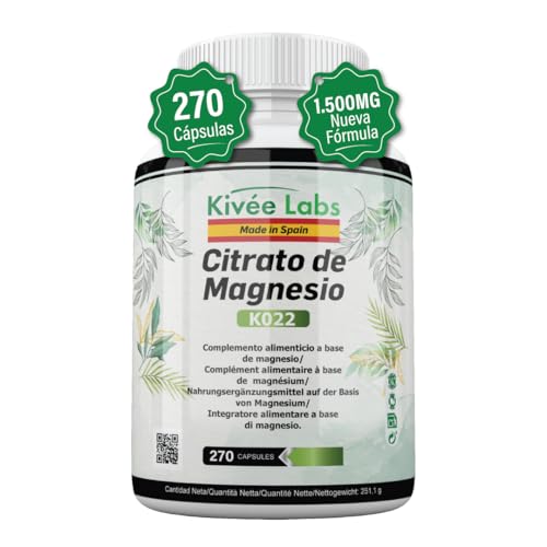 KivéeLabs® Citrato de Magnesio 1.500mg con 450mg de Magnesio Elemental Puro | Suplemento de Alta Absorción | Suministro 135 Días. (270 Cápsulas)