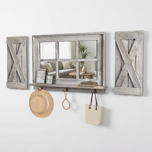 Besuerte Farmhouse Window Frame Wall Decor, Vintage Mirrors with 6 Pane Real Glass Mirror & Two X-Style Rustic Shutters for Living Room, Dining Room (Rustic Grey)