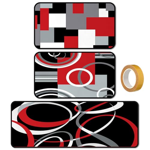 Juego de 3 tapetes geométricos rojos y negros para cocina miniatura 1