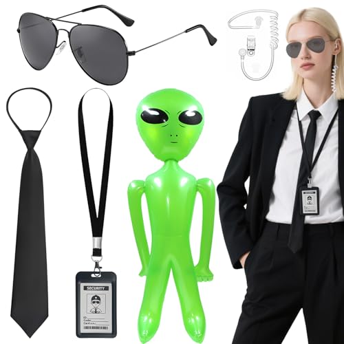 Kyndara 5Pcs Agent Costume Accessory Set Secret Security Guard Outfit Kit with Sunglasses Headphones Ties ID Card Inflatable Green Aliens for Women Men Halloween MIB Cosplay Theme Party