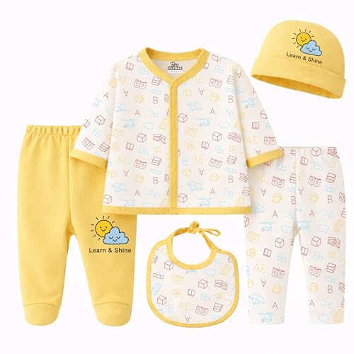 Image of Kidbee Baby Clothing Gift Set for Boys & Girls, 5 Piece Newborn Clothing Combo with Front Open Top, Pajama, Printed Pant, Cap & Bib, Soft Cotton, 0-6 Months Baby