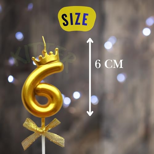Image of KITTER 1 Pc 6 Number Crown Candle for Birthday Cake Metallic Golden Number 6 Birthday Cake Decoration Cake Topper Candles with Crown on Top 0-9 Numbers Candles for Anniversary (Pack of 1, Gold)