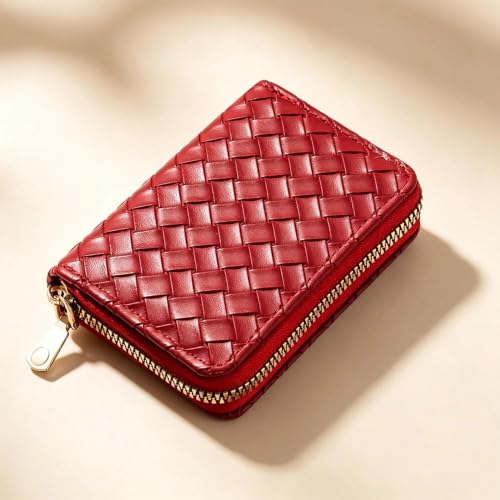 Carteira feminina fina minimalista com bloqueio de RFID, 11 compartimentos, porta-cartões de crédito, capa de couro com zíper, Vermelho, Carteiras de porta-cartões