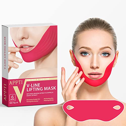APPTI Double Chin Reducer V Shaped Slimming Face Mask, V Line Lifting Mask for Women,Face Chin Tightening Face Slimming Strap Pain-Free Chin Up Patch V Lifting Mask 6 Pcs (Red)