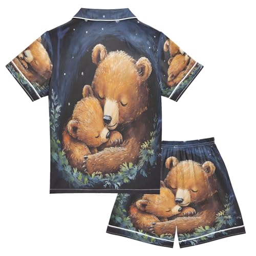 ALAZA Bear Sleeping Navy Blue Satin Pajamas Set Short Sleeve Button Down Sleepwear Summer Pjs 2 Piece2