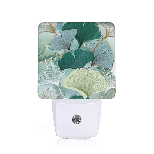 Image of Green Ginkgo Leaves Dusk to Dawn Night Light, Auto Sensor Lamp Home Indoor Stairway Kitchen Corridor, Night Lights Plug into Wall Decor, Boys Girls Women Men Room Gifts