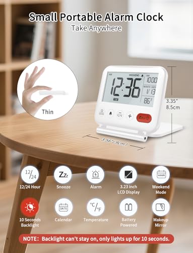 Image of NOKLEAD Digital Travel Alarm Clock - 3.23 inch LCD Display, Temperature, 9-Minute Snooze, 10s Backlight, Battery Included (White)