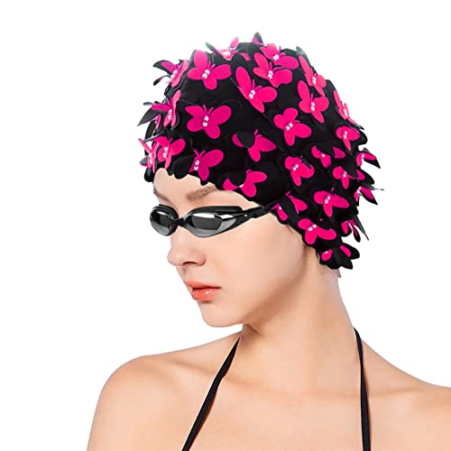 Kadble Women Girls Vintage Swim Cap Floral Petal Butterfly Retro Style Bathing Caps (Black-Pink) #TOP13