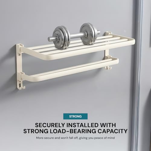 Image of MIORAH 24 Inch Powder - Coated Aluminium Towel Rack with Hooks - Rust - Free, Space - Saving Bathroom No Drill Self Adhesive Towel Rack Easy Installation White