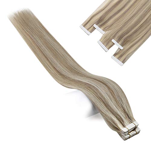 Blonde Hair Extensions Tape in Remy Human Hair 18 Inch Ash Blonde Highlight with Bleach Blonde Brazilian Tape in Human Hair Extension Blonde 50G 20Pcs