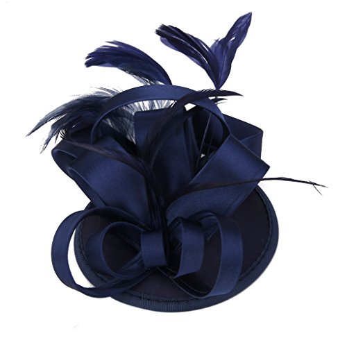 MagiDeal Women's Feather Fascinator Hat Clip on Wedding Party Hair Accessory Dark Blue