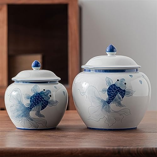 Boîte à thé Koi peinte à la main grand pot en céramique bleu