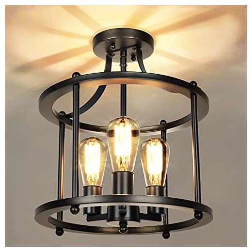 Farmhouse Semi Flush Mount Ceiling Light Fixture Black Industrial Kitchen Ceiling Lamp Rustic Vintage Ceiling Mount 3-Light Chandelier Lighting for Dining Room Hallway Entryway Bedroom Living Room