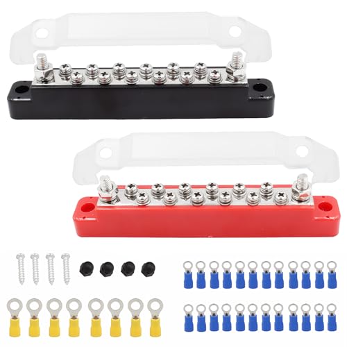 150A 12V Bus Bar Common Busbar Power Terminal Blocks with 2 x 1/4 (M6) Studs 12 x (M4) Terminal Screws Studs Power Distribution Terminal Block 48V DC Car Boat Marine Solar System Black Red