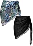 Ekouaer Womens Apparel, 2 Pack, Sarong Wraps Chiffon Swimsuit Cover Up, Around Skirt Bikini Sarong Skirt, Black-dark Green Leaves, Small