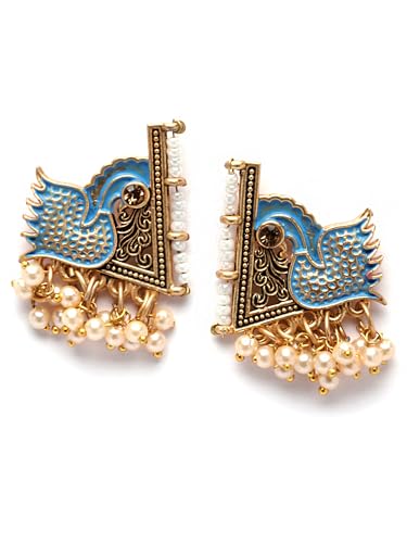 Image of Karatcart Silver Tone Diamond Shape Pink and Blue Carved Stone Studded Drop Earrings for Women