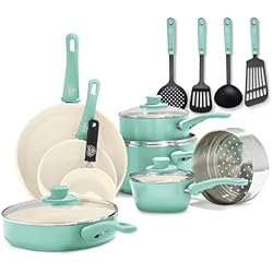 Ollas Y Sartenes Canal Cocina GreenLife Soft Grip Juego de 16 ollas y sartenes de cerámica antiadherente, incluye sartén, cacerola y cazo, sin PFAS, apto para lavavajillas, apto para horno, turquesa