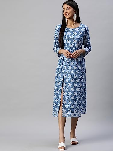 Image of arriva fab Women's Cotton Jaipuri Floral Print A-line Dress