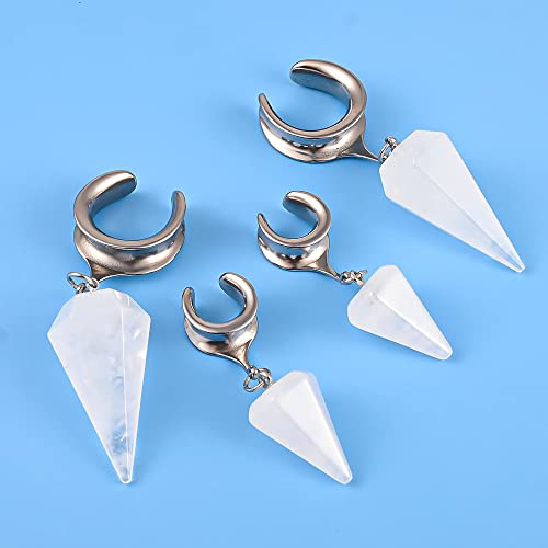 Doearko 2 Pcs Ear Gauges 6Mm-25Mm Saddle White Natural Crystals Dangle Ear Tunnels Hypoallergenic 316 Stainless Steel Ear Hangers Plugs Piercing Body Jewelry (22Mm(7/8"), Silver) #TOP5