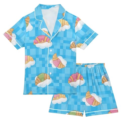 Satin Pajama Sets Short Sleeve Croissant on Cloud Button Down Silky Nightwear 2 Piece PJS 5-14Y
