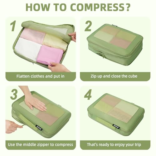 Image of BAGAIL 4 Set /6 Set /8 Set Compression Packing Cubes Travel Accessories Expandable Packing Organizers (Square Mesh, 06-Matcha Green)