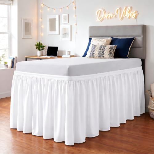 SGI bedding Dorm Bed Skirt Full XL 36 Inch Drop Length - White Ruffled Pattern College Dorm Room Bed Skirts - Split Corner Easy Care Wrinkle Free 1800 Series Microfiber Bed Skirt