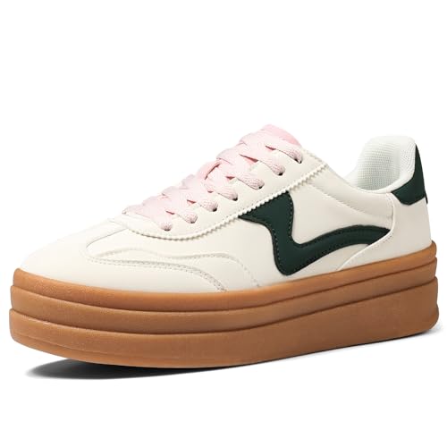 Tscoyuki Platform Women's Fashion Sneakers Casual Spring Shoes Non Slip Lightweight Walking Shoes Lace-Up Thick Sole Chunky Tennis Shoe