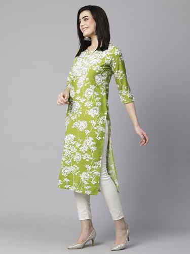 Image of GoSriKi Cotton Blend Embroidered Straight Kurta for Women | Cotton Blend Pink | 3 /4 Sleeve | Round Neck V-Slit | Ethnic Wear Casual Wear