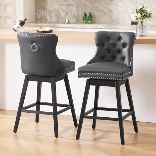 Image of Grey Leather Swivel Bar Stools Set of 2 with Back, 26 Inch Counter Height Chairs, Solid Wood Legs, Tufted Seat, Comfortable and Stylish for Kitchen, Island, Home Bar(Grey, 2 Pack, 26 inch H)